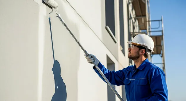 Painter rolling the exterior of a creative office building on Colorado Avenue